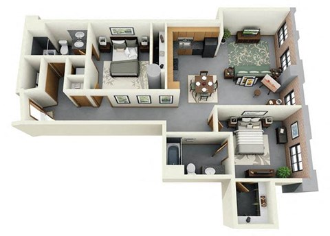 Floor plan for 2 beds, 2 baths, 1290 sqft